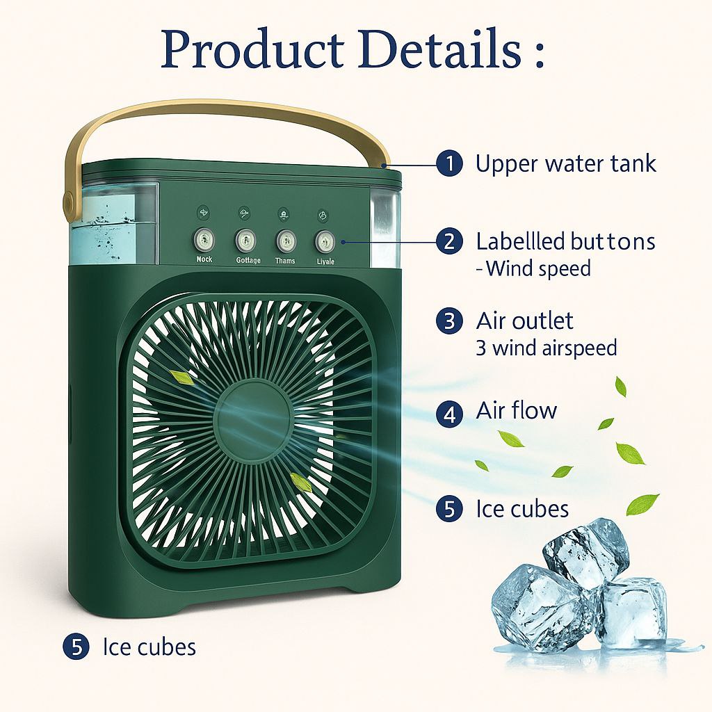 Rechargeable Portable Air Cooler Fan – 3-in-1 Humidifier, Fan, and Mini Air Conditioner"